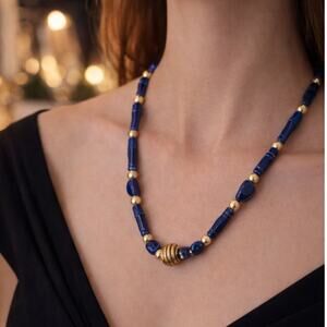 Vintage Lapis blue beaded necklace gold accents statement jewelry